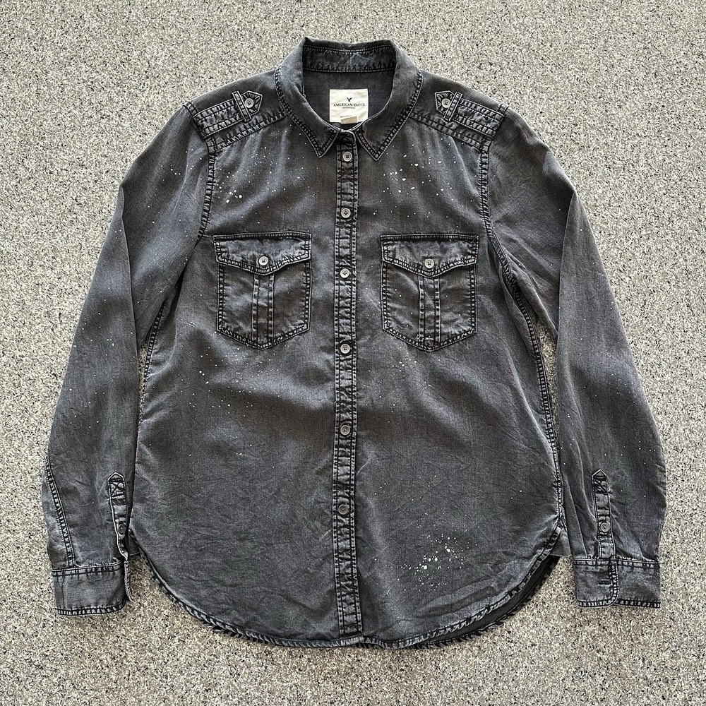 American Eagle Boyfriend Fit Button Up Shirt Women's Size S Black Paint Splatter